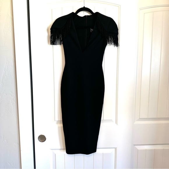 NWT NOOKIE designer black bodycon short sleeve cocktail dress with fringe - Picture 4 of 10